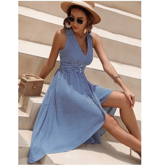 5 for $25! 💕 Vertical Stripe Button Front High Low Dress - Picture 16 of 16